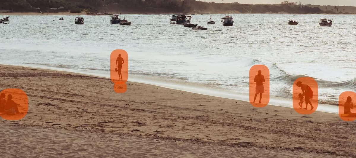 A beach photo with orange brush strokes painted over six people